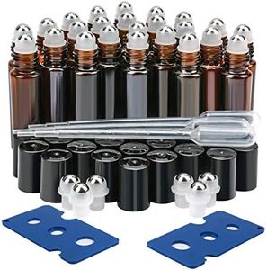 ESARORA Glass Roller Bottles, 24 Pack 10 ml Amber Essential Oil Roller Bottles with Stainless Steel Roller Balls (3 Dropper, 6 Extra Roller Balls, 2 Bottle Opener)