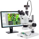 AmScope SM-1TS-144S-10M Digital Professional Trinocular Stereo Zoom Microscope, WH10x Eyepieces, 7X-45X Magnification, 0.7X-4.5X Zoom Objective, 144-Bulb LED Ring Light, Pillar Stand, 110V-240V, Includes 10MP Camera with Reduction Lens and Software