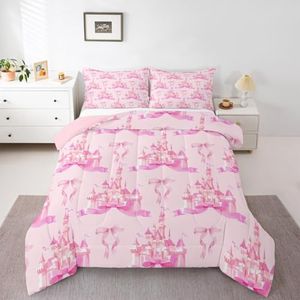 Feelyou Kids Pink Castle Bedding Set Toddler Size, Girls Bowknot Comforter Set Boys Girls Fairytale Duvet Insert Teens Bedroom Decor Bed Set 2Pcs
