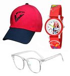 Cron Unisex BTS Ring Kids Cotton Sports Cap & Sunglass & Watch Summer Gift Hat for Boys & Girls Suitable for Age 5 to 12 Years (Pack of 3) (Red V 1)