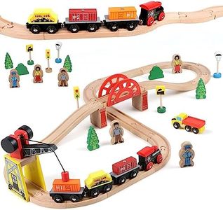 Qilay Wooden Train Set for Toddler - 39 Pcs Wooden Train Tracks with Crane, Bridge & 5 Wooden Trains - Train Toys for 3,4,5 Year Old Boys & Girls - Fit All Major Bands Train Tracks Set