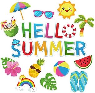 Whaline Hello Summer Cutouts Summer Bulletin Board Decorations Hawaiian Beach Party Die Cuts Tropical Fruit Palm Tree Cut-Outs with Glue Points for School Classroom DIY Projects, 46Pcs