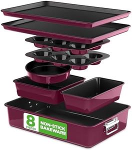NutriChef 8-Piece Nonstick Stackable Bakeware Set - PFOA, PFOS, PTFE Free Baking Tray Set w/Non-Stick Coating, 450°F Oven Safe, Round Cake, Loaf, Muffin, Wide/Square Pans, Cookie Sheet (Plum)