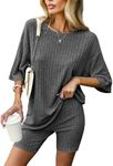 Ekouaer Rib Pajamas Lounge Sets 2 Piece Ribbed Knit Matching Outfits T-shirt Biker Shorts Sleepwear Loungewear Sweatsuits Black Grey XX-Large