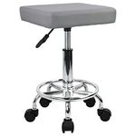 KKTONER Square Rolling Stool with Foot Rest PU Leather Height Adjustable Spa Drafting Salon Tattoo Work Swivel Stools Task Chair Small (Gray)