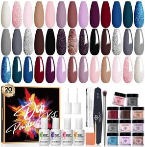 Modelones 32 Pcs Dip Powder Nail Kit Starter, 20 Colors Nude Pink Gray Acrylic Dipping Powder System Essential Liquid Set with Base&Top Coat Activator for French Nail Art Manicure DIY Salon Gift Set