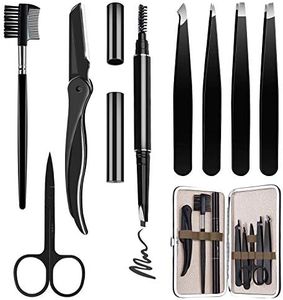 HOCOSY Eyebrow Kit, 8 in 1 Tweezers for Eyebrows, Professional Eyebrow Grooming Set include Stainless Steel Eyebrow Razor Eyebrow Brush Eyebrow Scissors Brown Eyebrow Pen with Travel Case