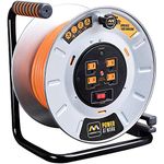 Masterplug - Metal steel drum with four outlets, open reel extension cord with winding handle, overload circuit breaker and power switch, 75 feet 12 AWG,