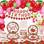 185 Pack Strawberry Birthday Decorations Berry First Birthday Party Supplies Sweet One Birthday Summer Fruit Tableware Set Strawberry Party Plates, Cups, Tablecloths, Balloons, Napkins Serves 20