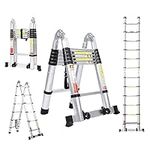 BOWEITI 16.5FT Telescoping Ladder,Telescoping A Frame Ladder with Balance Bar and Movable Wheel,Household Use Folding Ladder,Multi-Purpose Collapsible Ladder for Outdoor Work