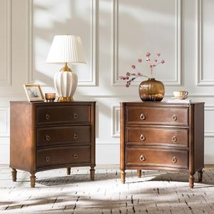 HULALA HOME 3 Drawer End Tables Set of 2 with Charging Station, 26" Wide Endtables with Solid Wood Legs and Curved Profile, Classic Side Tables for Living Room, Walnut