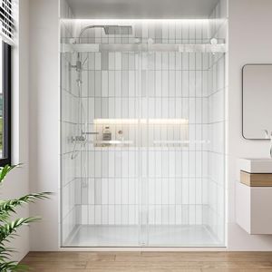 FEKEWIO Soft Close Shower Doors 66-72" W x 79" H Double Sliding 3/8"(10mm) Clear Tempered SGCC Shatterproof Glass Frameless Width Adjustable Easy Clean Stainless Steel Hardware, DS13- Chrome
