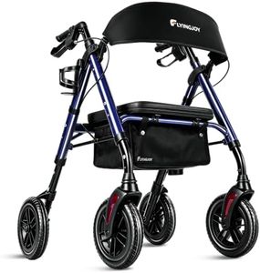 FlyingJoy Rollator Walker with Seat and Brakes, 300 lbs Adults Bariatric Walker for Seniors with Extra Wide Backrest, Lightweight Folding Adjustable Height, All Terrain Rolling Walker 8 Inch 4 Wheels