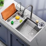 Hardstone 304 Grade Multifunction Kitchen Sink 30'' x 18'' x 10'' with Integrated Waterfall & Pull-down Faucet Set-Stainless Steel Sink with Cup washer and Drain Baskets (Color - Silver)