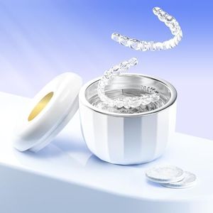 Ultrasonic Retainer Cleaner Machine ，18W/50kHz Specifically Designed for Cleaning Retainers，80ML Portable Ultrasonic Pod Including 6 Free Retainer Cleaner Tablets for Deeper Cleaning（White，YKL ）