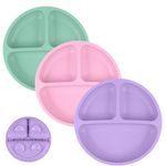 Vicloon Baby Suction Plate, 3Pcs Silicone Baby Suction Plates, Non Slip Silicone Baby Weaning Plate, Divided Dishes for Toddler Kids Self Feeding, Fits for Most Highchairs Trays（Pink/Purple/Green）