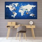 World Map XXL 51 x 28 inches, Travel Pin Board with Fleece Surface in Modern Wall Art Design, 20 Flag Push Pins Included