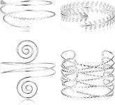 Diamday 4Pcs Upper Arm Cuff Bracelet Coil Open Arm Bracelet for Women Girls Adjustable Victorian Filigree Swirl Leaf Boho Armband Smooth Open Bangle Armlet Fashion Wrist Wrap Bracelets Silver