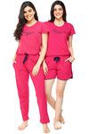 ZEYO Women's Cotton 3Pc's (Top+Pyjama+Shorts) Triangle Printed Cherry Pink Pajama Set/Night Suit 5360