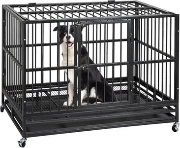 GarveeLife 48 inch Heavy Duty Dog Crate, Indestructible Dog Crates for Large Dogs, Cage Kennel with Wheels&Brakes, Sturdy Locks Design, Double Door and Removable Tray, for Medium & Large Pets