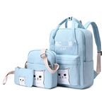 3Pcs Backpack Set Japanese and Korean Style Bags Kawaii Cat Canvas School Backpack Shoulder Bag Purse Pen case (Blue)