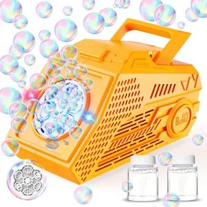 Babuloo Bubble Machine, Automatic Bubbles Machine for Kids 10000+ Bubbles/Min, 6 Big Holes Bubble Making Machine with Rechargeable Battery/Lights/2 Solution for Outdoor Wedding Party Birthday, Orange