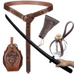 5 Pcs Renaissance Belt Medieval Viking Leather Belt Pouch Potion Bottles Sword Frog and Plastic sworrd