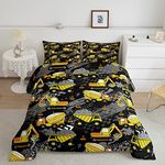 Manfei Cartoon Car Comforter Twin Size, Excavator Transporter Truck Bedding Set for Kids Boys Teens Room Decoration Construction Vehicles Down Comforter 2pcs with 1 Pillowcase,Soft Bedding