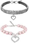 WoYous Rhinestones Dog Collar and Pearl Dog Necklace Set, Adjustable Neck Strap Bling Full Diamond Crystal Cute Pearl Dog Collar for Small Girls Cats Puppy Accessary for Wedding Birthday Party (M)