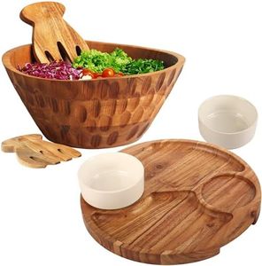 Culina Craftique 11" Wooden Salad Bowl Set — Bundle with 12.2" Chip and Dip Serving Platter — Durable Hosting Essential For Home — Ideal Gift — Includes Serving Utensils and 2 Ceramic Bowls