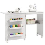 Giantex Folding Sewing Craft Table, Sewing Craft Cart with Storage Shelves and Lockable Casters Folding Sewing Table for Apartment Small Spaces (White, 46"x16"x31'')