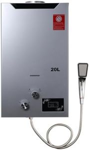 SUDEG 20L Gas Durchlauferhitzer,40KW LPG Warmwasserbereiter Instant Heißwasserbereiter Flüssiggas Durchlauferhitzer Warmwasserspeicher mit Plating-Duschkopf-Set,Silber