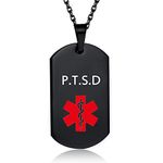 GMXLin P.T.S.D Medical Alert ID Necklace Pendant for Men Women Black Stainless Steel Engraved Medical ID Tag Emergency Med Alert Necklace Jewelry