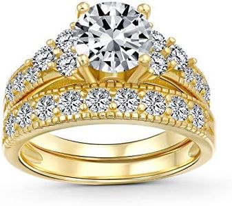 Round Solitaire Side Stones AAA CZ Pave Wedding Band Engagement Ring Set Gold Plated .925 Sterling Silver