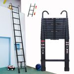 3.2m Telescopic Loft Ladder with Hooks, Multi-Purpose Folding Aluminium Telescopic Ladder Gutter Ladder, Non-slip Ladder & Adjustable Height, EN131 Extendable Ladder Loft Ladder