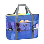 KABAQOO Mesh Beach Bag, Extra Large Beach Bags with 9 Pockets & Zipper Waterproof Lightweight Beach Tote for Beach/Pool Trip, Blue, Large