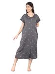 Noty ® Women's- Maternity | Hospital | Delivery Gown | Feeding | Nursing Nighty- Sinker Cotton Knits Fabric- Front Open | Printed | Full Button Open | Short Sleeves (Dark Grey, Free Size)