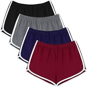 URATOT 4 Pack Yoga Short Pants Cotton Sports Shorts Gym Dance Lounge Shorts Dolphin Running Athletic Shorts for Women, Black, Dark Gray, Navy, Wine Red, Medium