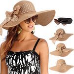 DRESHOW Beach Hats for Women Big Straw Wide Brim Summer Hat Floppy Foldable Roll up Cap Sun Hat UPF 50+, 1 Set: Khaki/1 Hat+3 Bows+1 Glasses, One Size