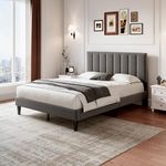 BTM Double Bed Frame 4FT6-135x190cm, Upholstered Double Bed with Adjustable Headboard & Solid Wood Slat & Mute Foam, Grey Velvet Double Bed (No Mattress)