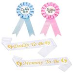 IRYNA 4 Pcs Baby Shower Sash Mummy To Be Sash Daddy To Be Sash Daddy and Mommy To Be Tinplate Badge Pin and Gold White Sash for Baby Shower Party Decoration Gender Reveal