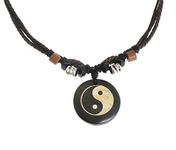 Surfer Cord Necklace with Yin Yang Carved Bone Pendant - Fully Adjustable - Black & Brown Cord