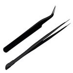 2 PCS Nail Art Tweezers, Straight and Curved Tip Tweezers Rhinestone Stickers Picker Pointed Tweezers for Craft, Makeup Tools - Black