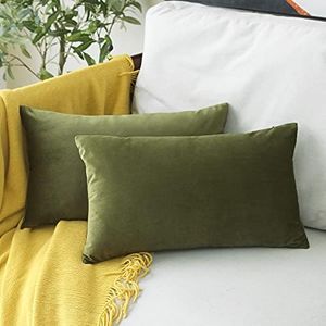 MUDILY Pack of 2 Soft Velvet Decorative Back Protect Oblong Throw Pillow Covers Rectangle Cushion Case Decor Handmade Pillowcases for Sofa Chair Bed Bench, Olive Green 12 x 20 Inch 30 x 50 cm