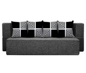 Dr. Smith Three Seater Sofa Cums Bed Jute Fabric (70X46X11 Inches - 3 Sits and 2 Sleeps) Washable Cover with 4 Printed Cushions - Color Black