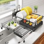 SAYZH Dish Drainer Rack, Expandable Dish Drying Rack with Cutlery Holder and Swivel Drainage Spout, Rustproof Dish Rack for Kitchen Counter and Sink, Black