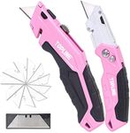 TOPLINE 2-Pack Pink Utility Knife Set, Retractable Pink Box Cutter and Pocket Folding Utility Knife, Blade Storage Design, 18-Piece SK5 Blades and a Dispenser Included