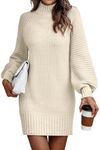 LILLUSORY Women's Mock Turtleneck Sweater Dress Trendy Pullover Puff Sleeve Fall Dress Knit Winter Outfits Apricot