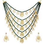 Chrishan high gold plated multilayer pearl and kundan ethnic necklace set for women and girls. (Green)