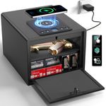 Grimtron Biometric Gun Safe for Handgun with Wireless Charging, California Pistol Safe Quick Access Auto Open, Silent Mode and Adapter up to 4 pistols